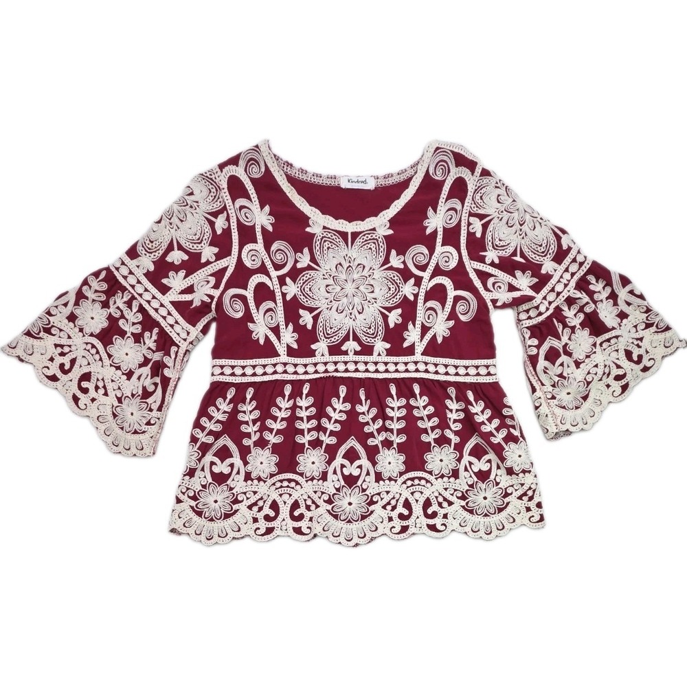 Anthropologie Kindred Embroidered Blouse Maroon Red Bell Sleeve Scalloped Size M
